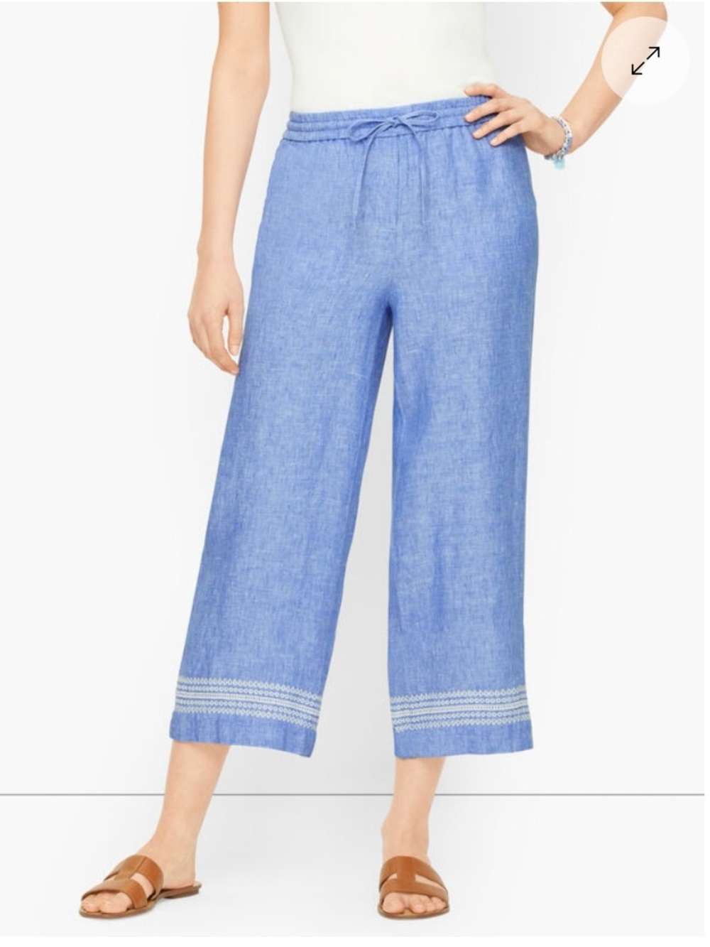 Talbots Linen Wide Leg Crop Pants Embroidered Hem Size 24W